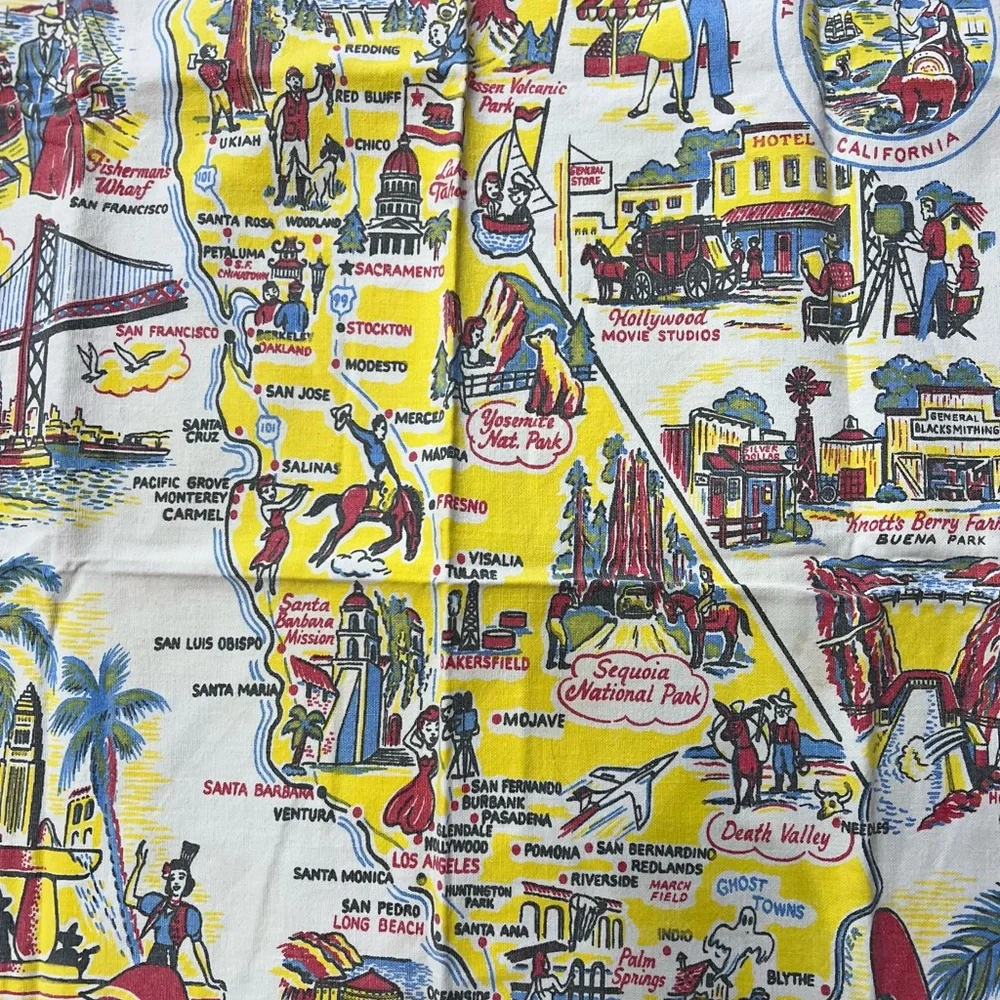 California Vintage Souvenir Map tablecloth red and Yellow Cotton